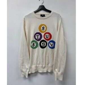 Stussy Sweater Mens Large White 8 Ball Pool Graphic Knit Crewneck Streetwear